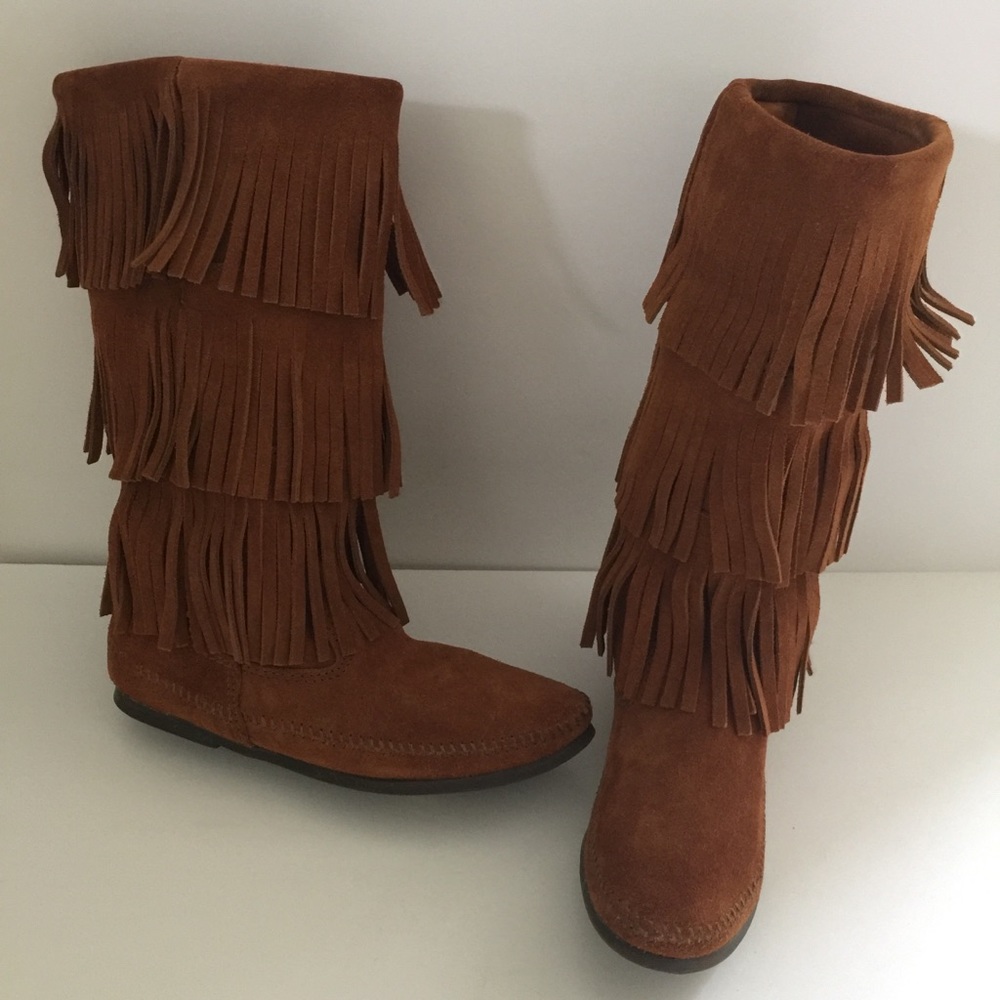 Minnetonka Rust Color Fringed Suede Boot Sz 8 - image 8